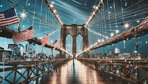 The Brooklyn Bridge standing tall, adorned with the fluttering stars and stripes.