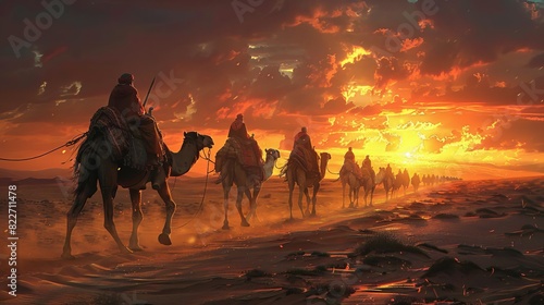 A caravan of camels carrying goods, led by nomads across a sandy terrain at sunset,