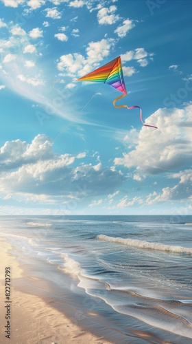 3D render ofA serene beach scene with a vibrant, rainbow-colored kite flying high, symbolizing inclusivity.,photo realistic, high resolution photography, photographed in the style Photography