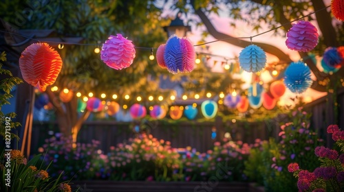 Cartoons of A serene garden party with vibrant decorations, celebrating Pride and inclusivity.,sunset, on Nikon Z7 35mm lens