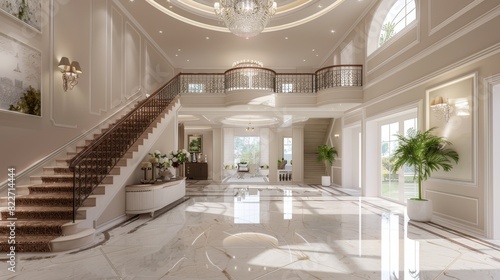 3D render ofA home with a driveway and a grand staircase with high ceilings.,photo realistic, high resolution photography, photographed in the style Photography