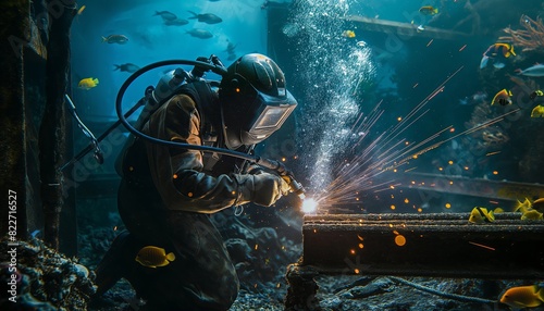 an underwater welder wearing scuba gear, welds the mast structure of an offshore oil rig with sparks clearly visible