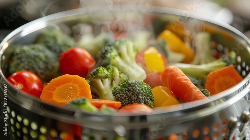 A steamer basket filled with fresh seasonal vegetables tenderly cooked to preserve their nutrients.