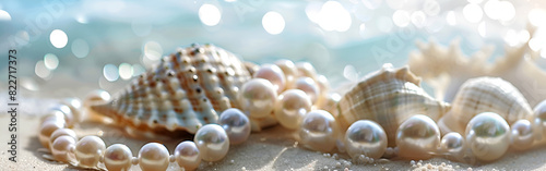 Beautiful pearls in shell on sand close up beach luxury jewelry natural beauty with blurred background 