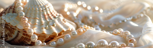 Variety of Exotic Seashells Arranged in a Pattern Pearls beauty jewelry luxury on skin background 