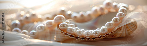 Pearls flat lay on silk shells luxury sea treasures organic gems natural beauty background 
