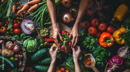 Close Up Photo of Woman Hands Making Fresh Salad on a Table Full with Organic Vegetables An anonymous housewife making lunch with fresh colorful vegetables at kitchen table : Generative AI