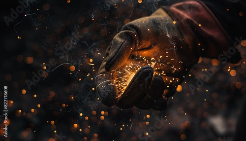 Photography, focusing on the welder's hands and welding sparks,