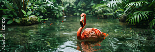 Majestic Flock of Pink Flamingos Standing in a Tropical Lake, Exuding Elegance and Colorful Beauty