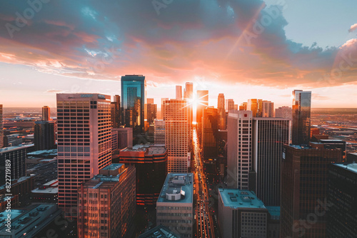 Aerial view of a vibrant city skyline at sunset