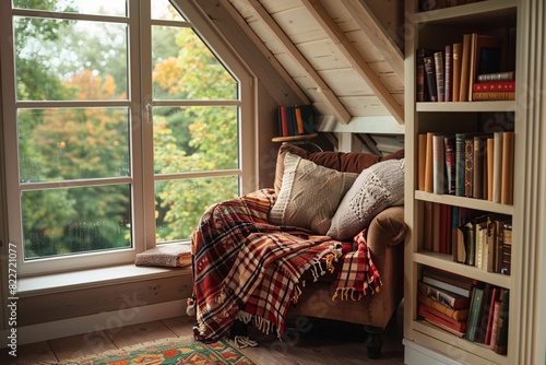 Cozy reading nook with a comfy chair blanket