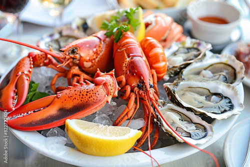 Delicious seafood platter with lobster shrimp oysters