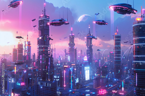 Futuristic cityscape with flying cars neon lights