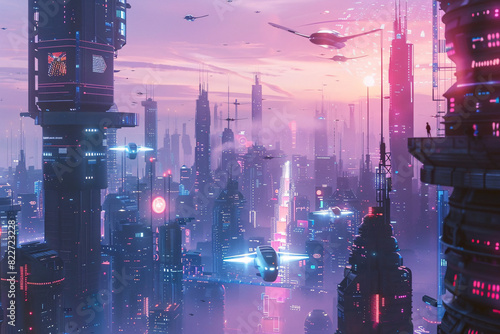 Futuristic cityscape with flying cars neon lights