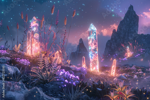 Ethereal landscape with floating crystals glowing