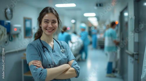 A confident nurse wearing scrubs and a stethoscope, standing with arms crossed, smiling warmly in a hospital hallway filled with medical equipment and patients being attended to in the background