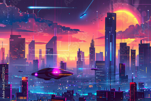 Futuristic cityscape with flying cars neon lights