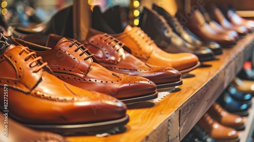 Row of men's classic leather shoes on the shelf on display at a store