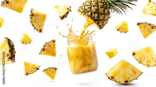 Fresh juicy tropical fruit pineapple and smoothie glass jar flying isolated on white background Sliced ananas pineapple and juice falling : Generative AI