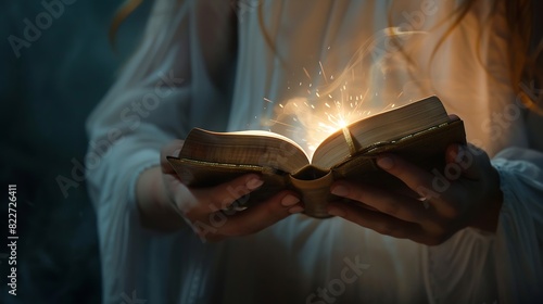 Light coming from book in womans hands in gesture of giving offering Concept of wisdom religion reading imagination : Generative AI