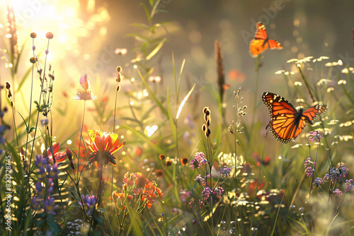 Sunlit meadow with wildflowers butterflies