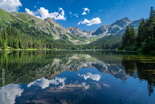 Serene mountain lake with clear reflections of the sur