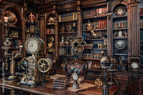 Steampunk-themed library with mechanical gadgets