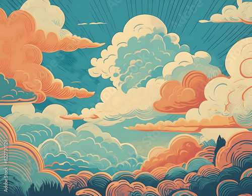 A nostalgic illustration of clouds with a blue sky in retro color tones, evoking a sunny day with a vintage feel.