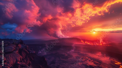 a breathtaking sunset over a dormant volcano, the sky ablaze with shades of orange, red, and purple, as lava-like clouds hover above