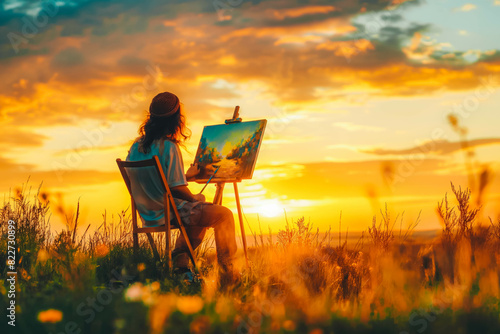 A passionate artist painting a landscape outdoors at sunset.