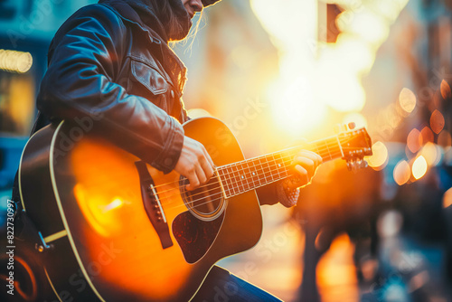 A passionate musician playing guitar on a city street at sunrise.