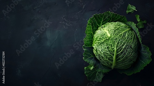 Raw fresh green cabbage texture and background top view over dark background selective focus : Generative AI