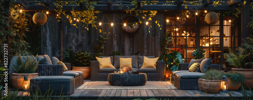 An outdoor patio scene featuring grey and white wicker furniture, black armchairs with striped cushions, large ceramic pots filled with plants, string lights hanging above the seating area