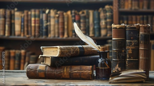 Old books quill pen and vintage inkwell in old library Conceptual background on history education ancient literature topics Old Books are symbol of knowledge Retro style : Generative AI