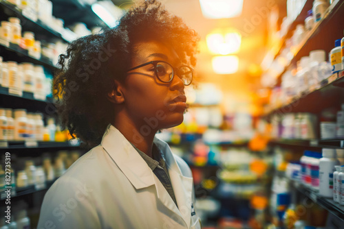 African American female pharmacist working late in a pharmacy with the sunset visible through the front window.