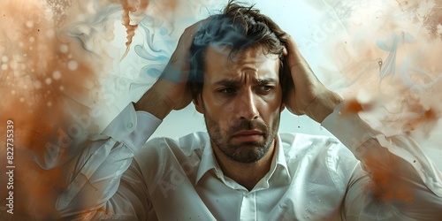Overwhelmed businessman drowning at work due to stress burnout and financial worries. Concept Stress, Burnout, Financial Worries, Overwhelmed, Work Drowning
