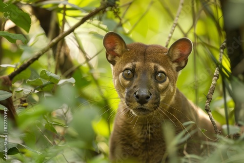 A fossa prowling through the underbrush of a Madagascar forest, with a focused hunting stance