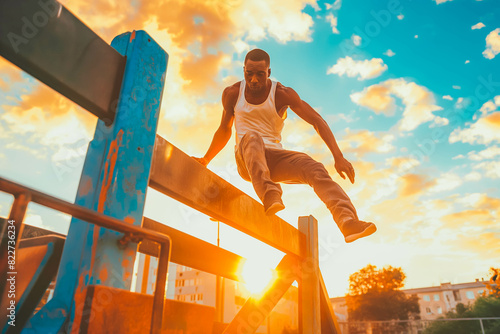 Afro-American man practicing parkour in urban playground at sunset, conquering obstacles with agility.