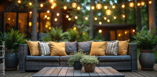 An outdoor patio scene featuring grey and white wicker furniture, black armchairs with striped cushions, large ceramic pots filled with plants, string lights hanging above the seating area