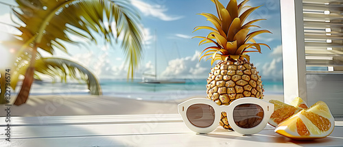 Relaxing Beach Scene with Pineapple and Sunglasses, Summer Vacation Vibes, Tropical Seaside Atmosphere