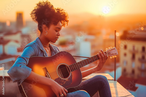 Afro-American woman playing acoustic guitar on urban rooftop at sunset, serenading the city below.