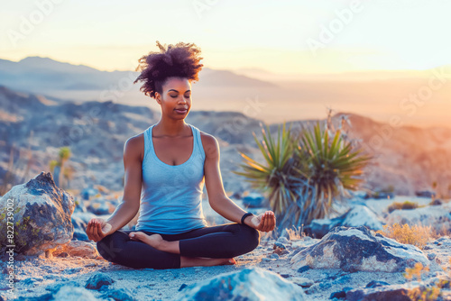 Afro-American woman practicing yoga on rocky desert plateau at sunset, finding inner peace in rugged terrain.