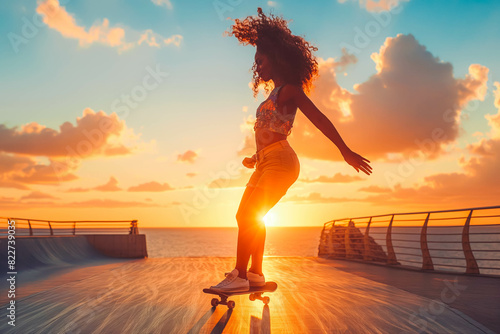Afro-American woman skateboarding along coastal promenade at sunset, sea breeze energizing her ride.