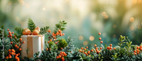 Christmas gift box decorated with ribbon and pine leaves, surrounded by red berries and green foliage on a blurred festive background.
