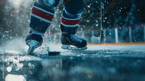 dynamic closeup of ice hockey player ready to hit puck
