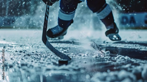dynamic closeup of ice hockey player ready to hit puck
