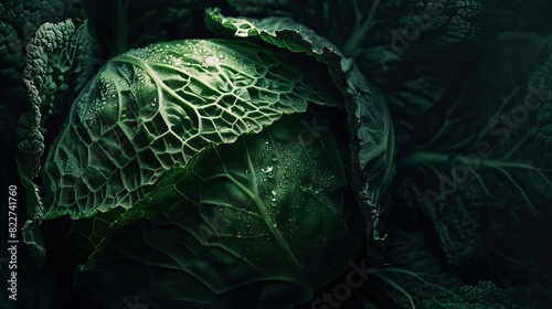 Raw fresh green cabbage texture and background top view over dark background selective focus : Generative AI