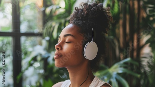 A woman with closed eyes and a serene expression tuning in to a selfcare podcast to learn tips for maintaining mental and emotional wellbeing.