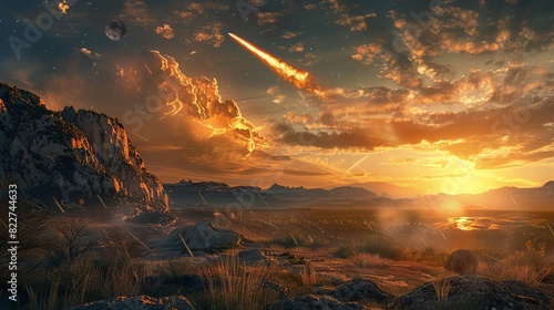 A dramatic scene of an asteroid impact at the end of the Mesozoic era,