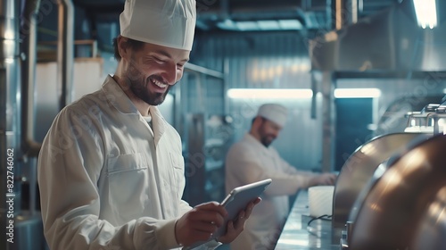 Young Caucasian smiling supervisor in sterile white uniform using tablet while standing in food plant In background older one worker controlling machine : Generative AI